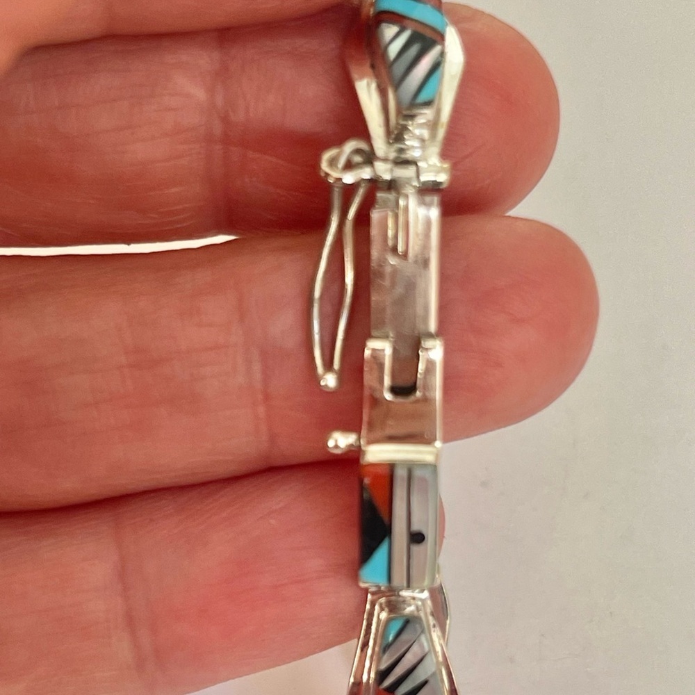 Vtg Native American ZUNI Sterling Sun Face Inlaid Onyx Pearl Coral Bracelet 6.5" - Picture 6 of 11